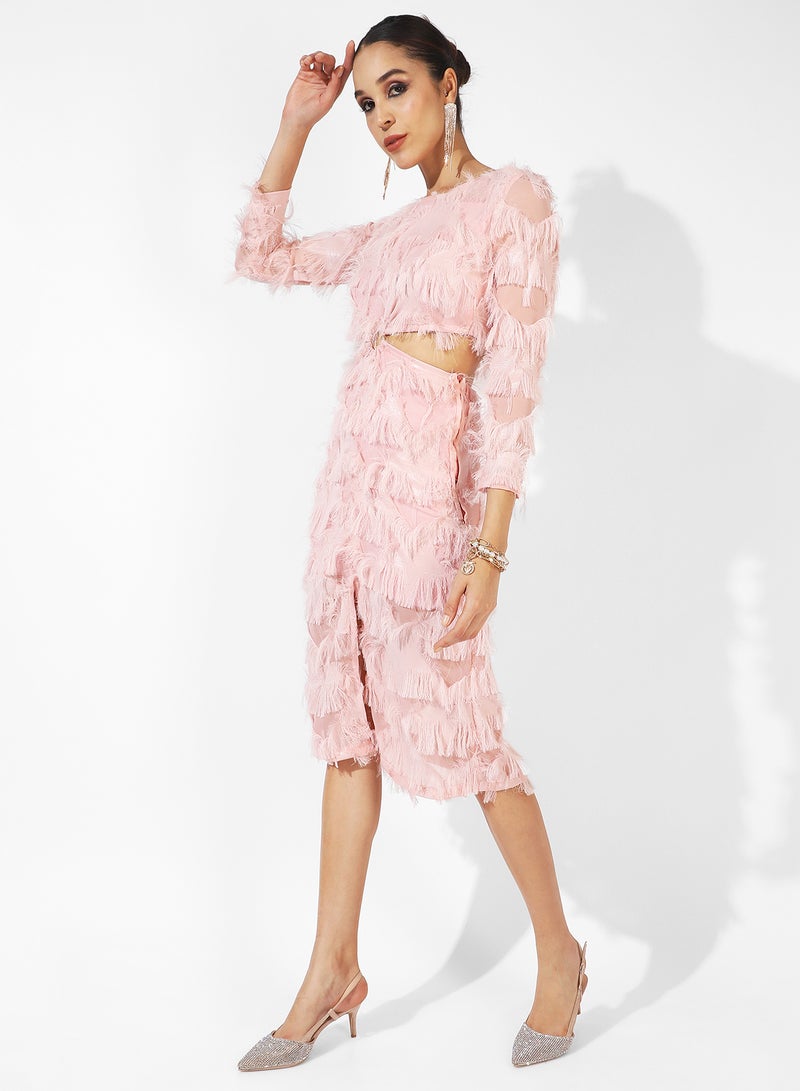 Campus Sutra Women's Pastel Pink Cutout Fringe Dress For Casual Wear | Long Sleeve | Midi Length | Crew Neck Dress Crafted With Comfort Fit And High Performance For Everyday Wear - Image 3